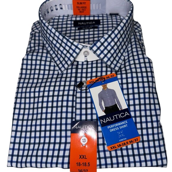 Nautica Mens XXL 18-18.5 36/37 Blue Performance Slim Fit Dress Button Up Shirt - Picture 1 of 7